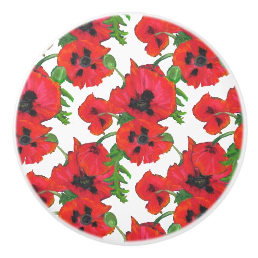 Patroon rode en zwarte oosterse papavers op wit keramische knop (Voorkant)