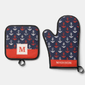 Patroon rode witte en blauwe zee ovenwant & pannenlap set (Voorkant)