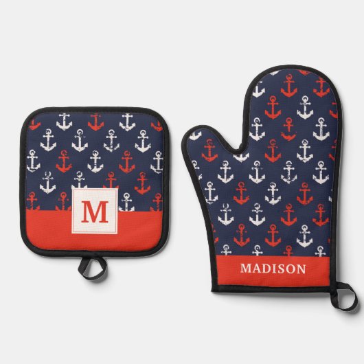 Patroon rode witte en blauwe zee ovenwant & pannenlap set (Voorkant)