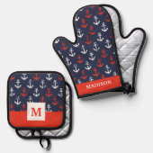 Patroon rode witte en blauwe zee ovenwant & pannenlap set (Voorkant / Achterkant)