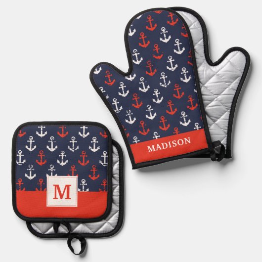 Patroon rode witte en blauwe zee ovenwant & pannenlap set (Voorkant / Achterkant)