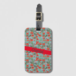 Patroon rood en Aqua Poppies op maat Bagagelabel