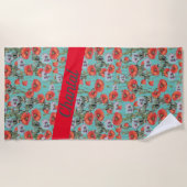 Patroon rood en Aqua Poppies op maat Strandlaken (Voorkant)