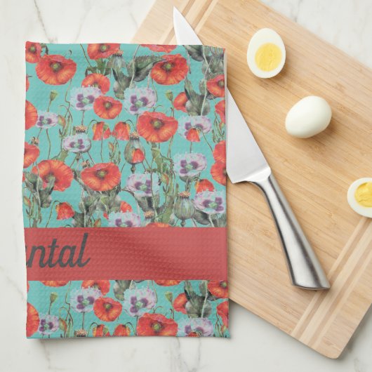 Patroon rood en Aqua Poppies op maat Theedoek (Quarter Fold)