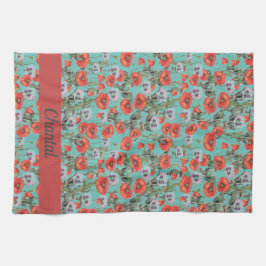 Patroon rood en Aqua Poppies op maat Theedoek