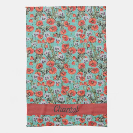 Patroon rood en Aqua Poppies op maat Theedoek (Verticaal)