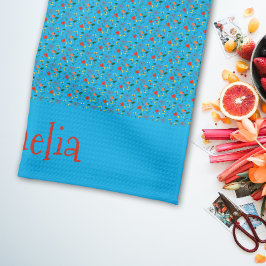 Patroon rood geel mini wilde bloem turquoise theedoek