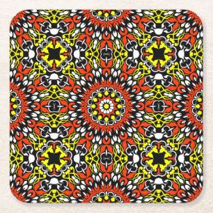 Patroon rood, wit, geel en zwart Mandala Kartonnen Onderzetters