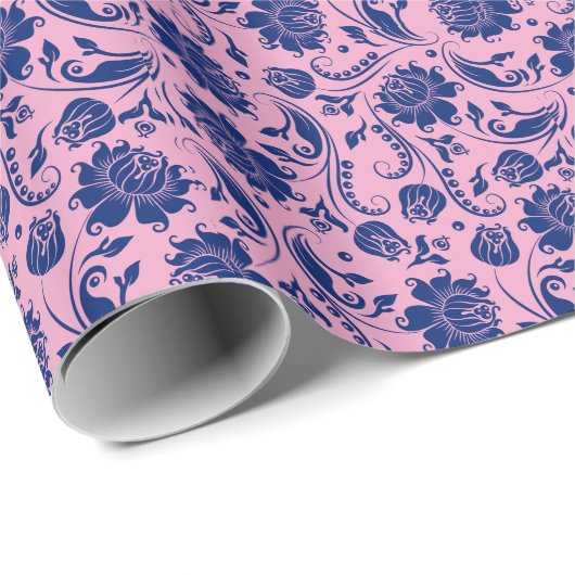 Patroon roze en Blauwe Floral Damaskers Cadeaupapier (Rol Hoek)
