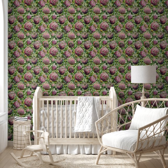 Patroon roze en groene Protea Flowers Behang (Kinderen)