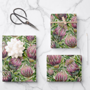 Patroon roze en groene Protea Flowers Inpakpapier Vel