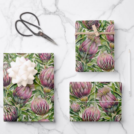Patroon roze en groene Protea Flowers Inpakpapier Vel (Voorkant)