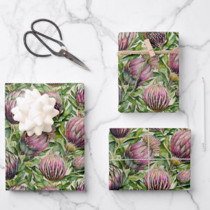 Patroon roze en groene Protea Flowers Inpakpapier Vel