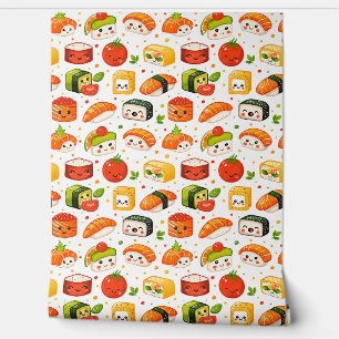 Patroon schattige kawaii food sushi karakters, wit behang
