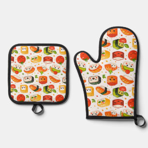 Patroon schattige kawaii food sushi karakters, wit ovenwant & pannenlap set