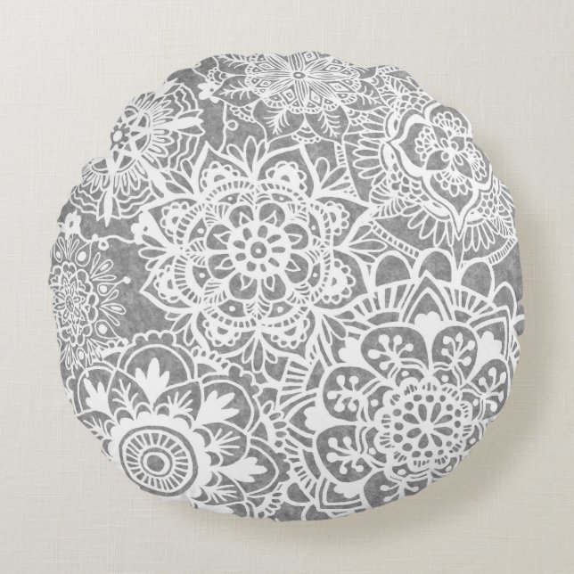 Patroon Soft Grey en White Mandala Rond Kussen (Voorkant)