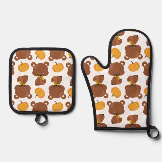 Patroon van Beren, luiers, Herfst, pompoenen Ovenwant & Pannenlap Set (Voorkant)