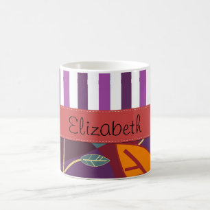 Patroon van bladeren, Paarse strepen, Jouw naam Koffiemok