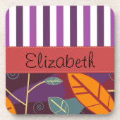 Patroon van bladeren, Paarse strepen, Jouw naam Onderzetter (Voorkant)