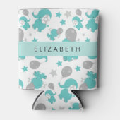 Patroon van blauwe olifanten, sterren, Jouw naam Blikjeskoeler (Voorkant)