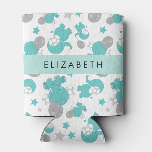 Patroon van blauwe olifanten, sterren, Jouw naam Blikjeskoeler (Achterkant)