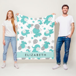 Patroon van blauwe olifanten, sterren, Jouw naam Fleece Deken