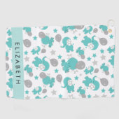 Patroon van blauwe olifanten, sterren, Jouw naam Golfhanddoek (Horizontaal)