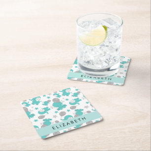 Patroon van blauwe olifanten, sterren, Jouw naam Kartonnen Onderzetters