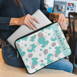 Patroon van blauwe olifanten, sterren, Jouw naam Laptop Sleeve