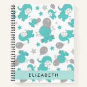 Patroon van blauwe olifanten, sterren, Jouw naam Notitieboek (Voorkant)