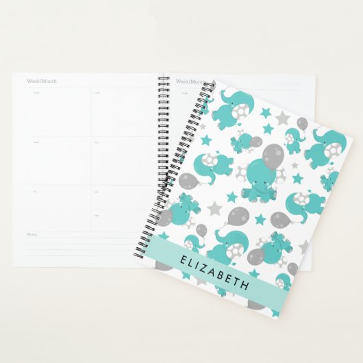 Patroon van blauwe olifanten, sterren, Jouw naam Planner (Display)