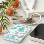 Patroon van blauwe olifanten, sterren, Jouw naam Sleutelhanger (Voorkant Rechts)