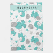 Patroon van blauwe olifanten, sterren, Jouw naam Theedoek (Verticaal)