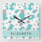 Patroon van blauwe olifanten, sterren, Jouw naam Vierkante Klok (Voorkant)