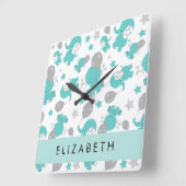 Patroon van blauwe olifanten, sterren, Jouw naam Vierkante Klok (Hoek)