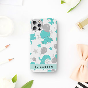Patroon van blauwe olifanten, sterren, uw naam iPhone 16 hoesje