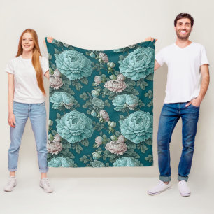 Patroon van blauwe pioenen op een groene achtergro fleece deken