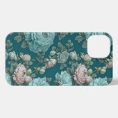 Patroon van blauwe pioenen op een groene achtergro iPhone hoesje (Achterkant horizontaal)