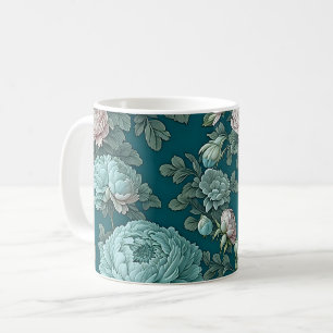 Patroon van blauwe pioenen op een groene achtergro koffiemok
