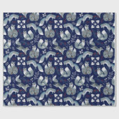 Patroon Van Blauwe Poolvossen, Planten Op Marinebl Cadeaupapier (Vlak)