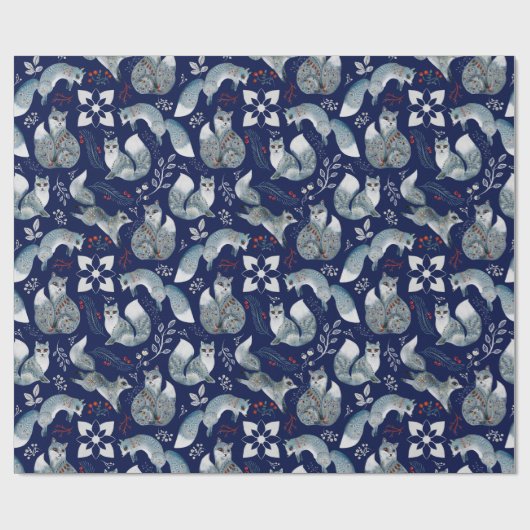Patroon Van Blauwe Poolvossen, Planten Op Marinebl Cadeaupapier (Vlak)