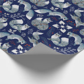 Patroon Van Blauwe Poolvossen, Planten Op Marinebl Cadeaupapier (Hoek)