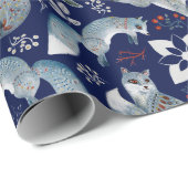 Patroon Van Blauwe Poolvossen, Planten Op Marinebl Cadeaupapier (Rol Hoek)