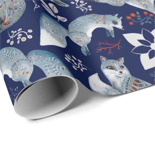 Patroon Van Blauwe Poolvossen, Planten Op Marinebl Cadeaupapier (Rol Hoek)