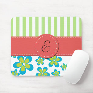 Patroon van bloemen, groene strepen, monogram muismat