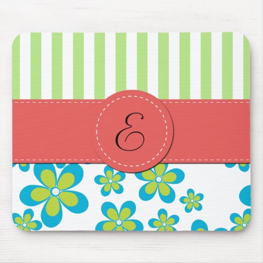 Patroon van bloemen, groene strepen, monogram muismat (Voorkant)