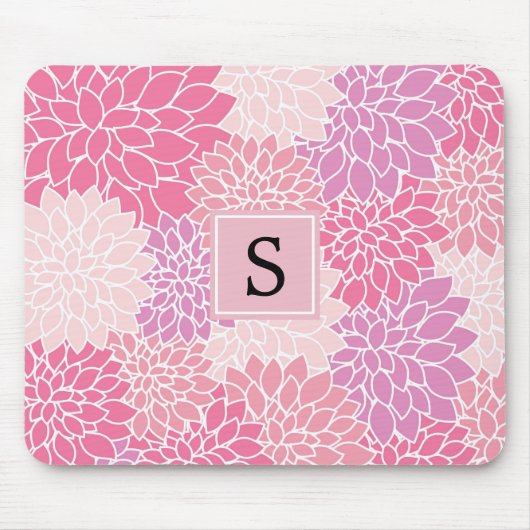 Patroon van bloemen, roze dahlia bloemen, monogram muismat (Voorkant)