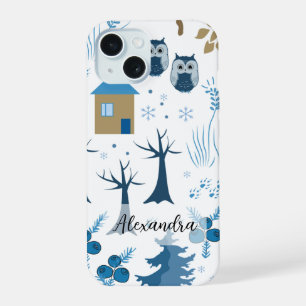 Patroon van bomen, uilen, dennenbomen en sneeuwvlo iPhone 15 case