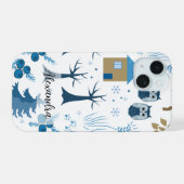 Patroon van bomen, uilen, pijnbomen en sneeuwvlokk iPhone 15 case (Achterkant horizontaal)