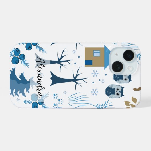 Patroon van bomen, uilen, pijnbomen en sneeuwvlokk iPhone 15 case (Achterkant horizontaal)